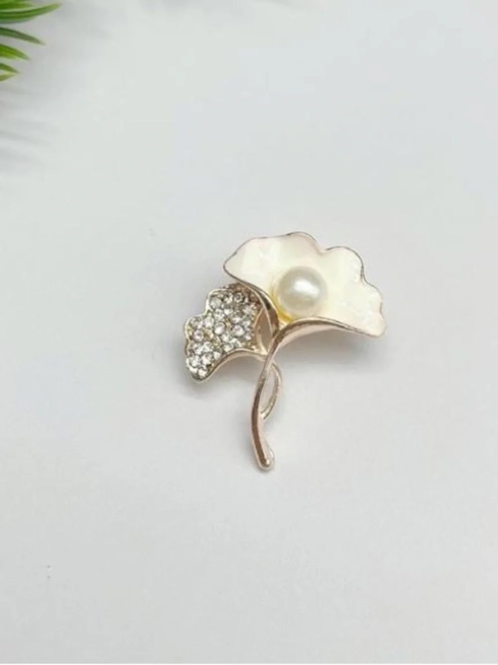 Anthropologie Gold and White Pearl Leaf Brooch with Crystals